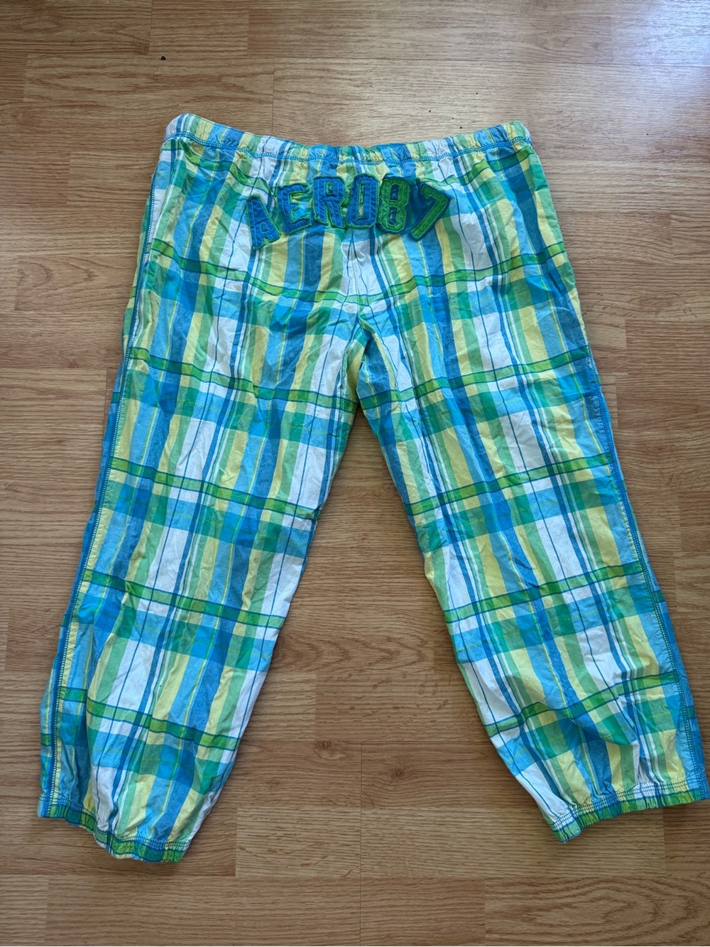 VTG Y2K Aeropostale Plaid Capri Pajama Pants Back Spellout Aero 87 Green Blue L